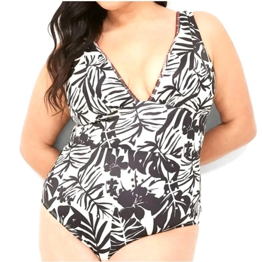 LANE BRYANT Women's 16 Black White Tropical Palm Hibiscus One Piece Swimsuit